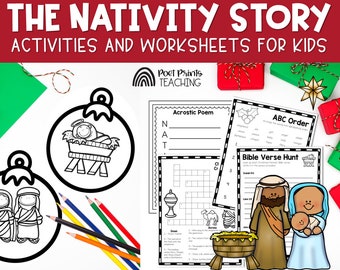May include: Black and white printable worksheets for kids about the Nativity story. The worksheets include an acrostic poem, an ABC order activity, a Bible verse hunt, and two coloring pages of ornaments featuring the Nativity scene.