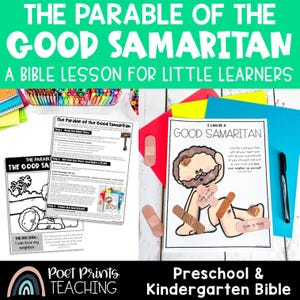 May include: Educational materials for a Bible lesson. The image features worksheets and illustrations about the Good Samaritan. Text includes "The Parable of the Good Samaritan" and "A Bible Lesson for Little Learners."