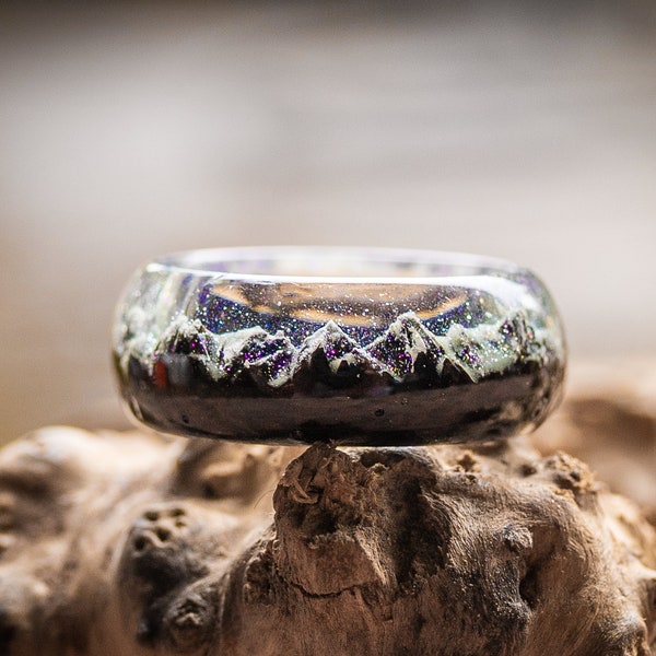 Snow Mountain Handmade wooden ring With mountain Wood resin ring Glows wood ring Epoxy resin ring Ring for man and woman
