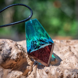 Northern light Wood resin pendant, Aurora Glow mountain pendant Epoxy resin art Secret wood necklace Epoxy resin wood projects