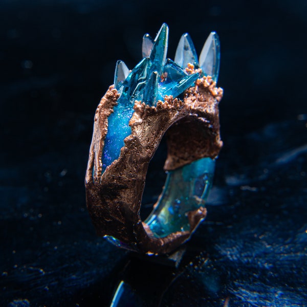 Neptune ring, cool mens ring, anniversary ring, unique ring, Blue crystal ring, copper ring, Big branch ring, large crystal ring