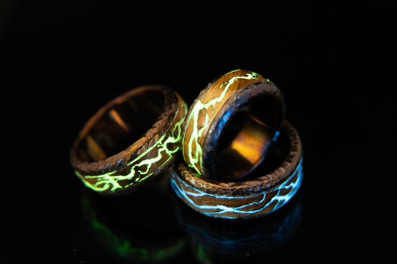 Lightning Glow Ring Hammer Texture Ring Stainless Steel Wood Etsy
