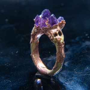 May include: A ring made of copper and bone with a skull design. The ring is topped with a cluster of amethyst crystals.