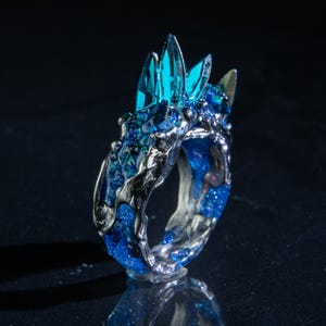 Handmade Blue Ice Titanium Ring, Raw Crystal & Fire Opal Band, Aerospace Grade Metal, Organic Scupltured Resin Jewelry, Unique Wedding Band
