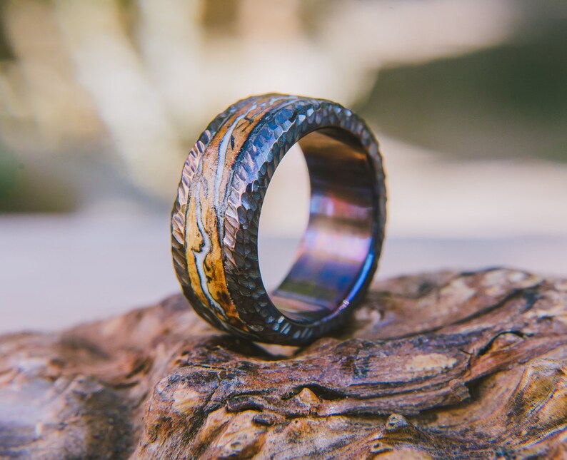 Lightning Glow Ring Hammer Texture Ring Stainless Steel Wood Etsy