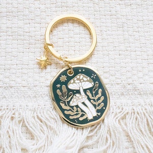 Mushroom Enamel Keyring - gold Celestial Witchy keyring