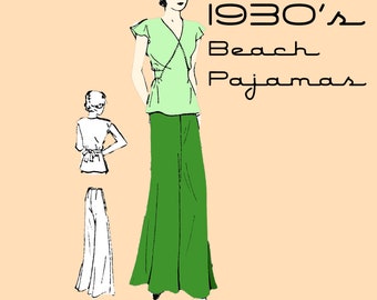 1930's BEACH PAJAMAS Vintage Sewing Pattern Exact Digital Copy Pyjamas Vintage Fashion 837 Sz. 16 Bust 34 Beach Wear Bell Bottoms