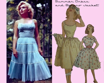 1950's Marilyn Monroe Style Spaghetti Strap Summer Dress with Bolero Jacket and Cummerbund- Sewing Pattern SZ 14 INSTANT Digital Download