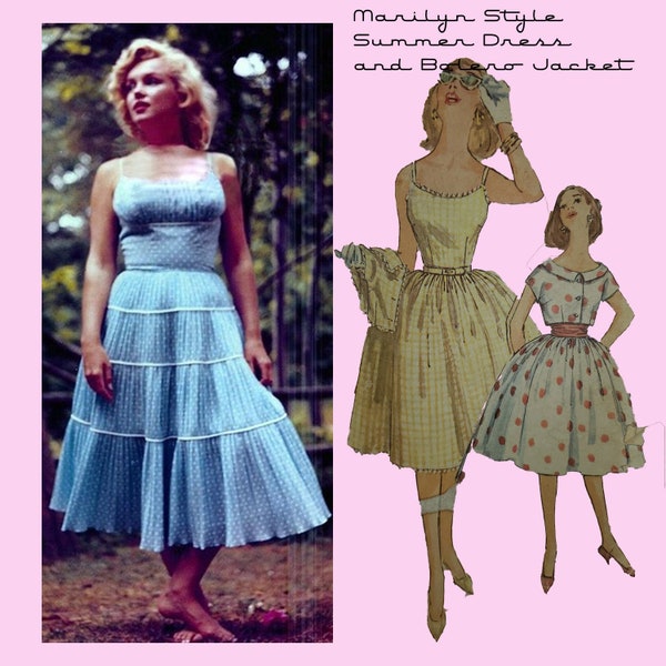 1950's Marilyn Monroe Style Spaghetti Strap Summer Dress with Bolero Jacket and Cummerbund- Sewing Pattern SZ 14 INSTANT Digital Download