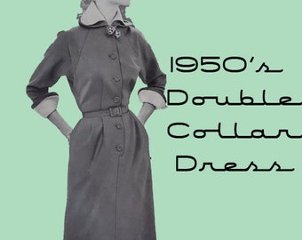 1950's Rare Double Collar Dress Sewing Pattern Size 18 Larger Size- Mid Century Printable Digital Pattern Sheath Dress Vintage