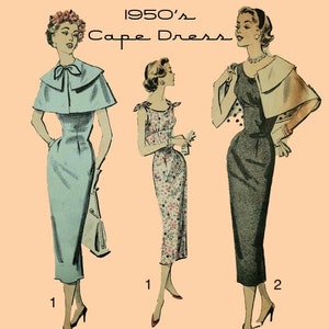 1950&#39;s Dress With Cape, Vintage Sheath With Bow Ties and Outer Cape, 8335 Mid Century Modern Sewing Pattern- Digital Download
