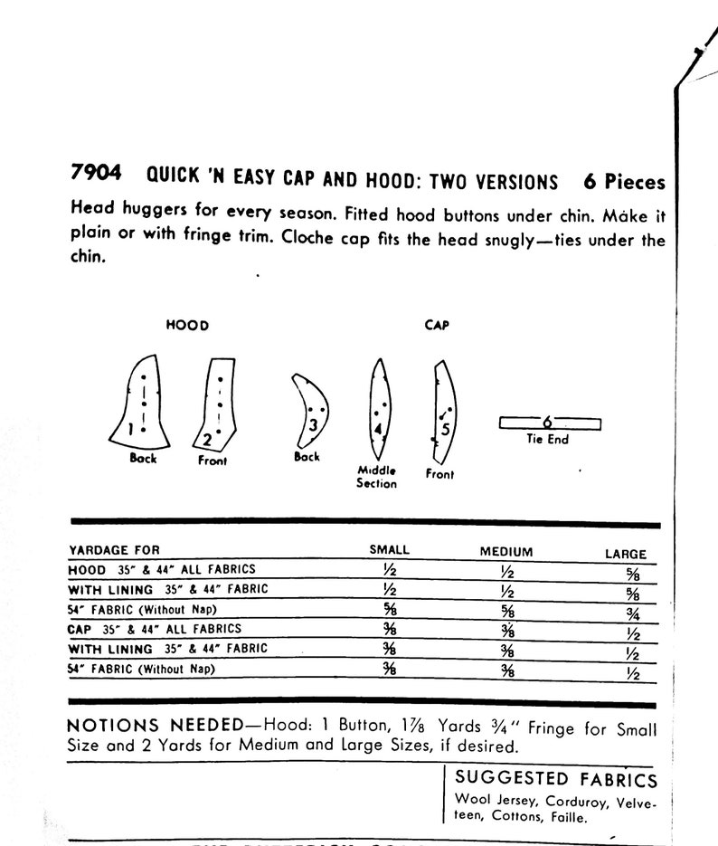 1950's Cap and Hood Quick N' Easy Sewing Pattern, Mid Century Sewing Hat Bonnet True Vintage Instant DIGITAL Download 7904 image 2