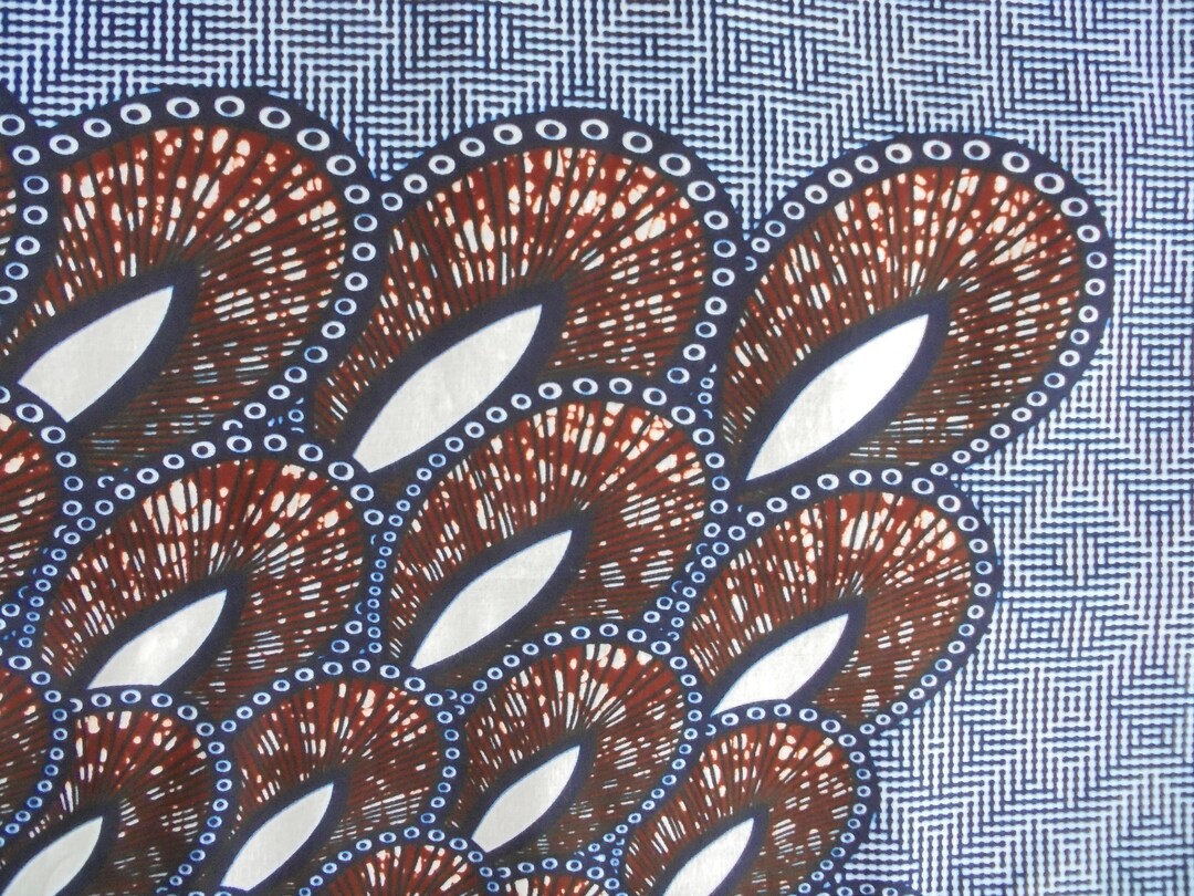 Tissu Wax Coton Imprimé - Motif Fleurs Bleu Et Orange, 1.15m X 20m, Origine France