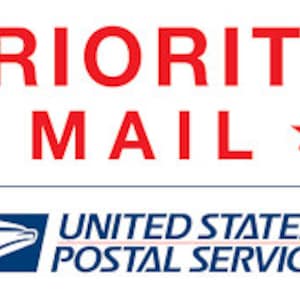 May include: A red and blue logo for the United States Postal Service, featuring the words "PRIORITY MAIL" and a star on either side of the word "MAIL". The logo also includes a blue eagle with a red, white, and blue shield.