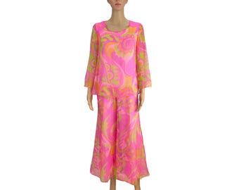 Palazzo Jumpsuit Wide Leg Pant Suit CeCi California Vintage 1960 1970 Junior Petites Psychedelic Floral Chiffon Sheer Bell Sleeves NOS PM PS