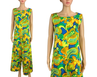 Palazzo Jumpsuit Wide Leg Pant Suit Vintage 1960s 1970s Psychedelic Print Textured Cotton Sleeveless Size S M