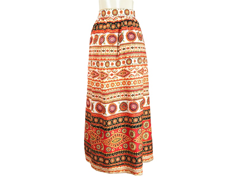 Size M L Vintage 1970s Maxi Skirt Alex Colman Side Buttons Floral Acrylic Bark Cloth Red Black Cream Gold