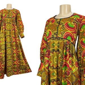 Vintage Maxi Dress Alice of California Hostess Gown Prairie Paisley Bishop Puffed Balloon Sleeves Empire Boho Size M