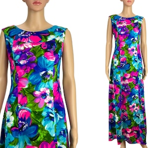 Maxi Dress Hostess Gown Caftan Muu Muu Karen Ann Hawaii Vintage 1960s Watteau Waterfall Back Bold Floral Bark Cloth Aloha Tiki Luau Size M S
