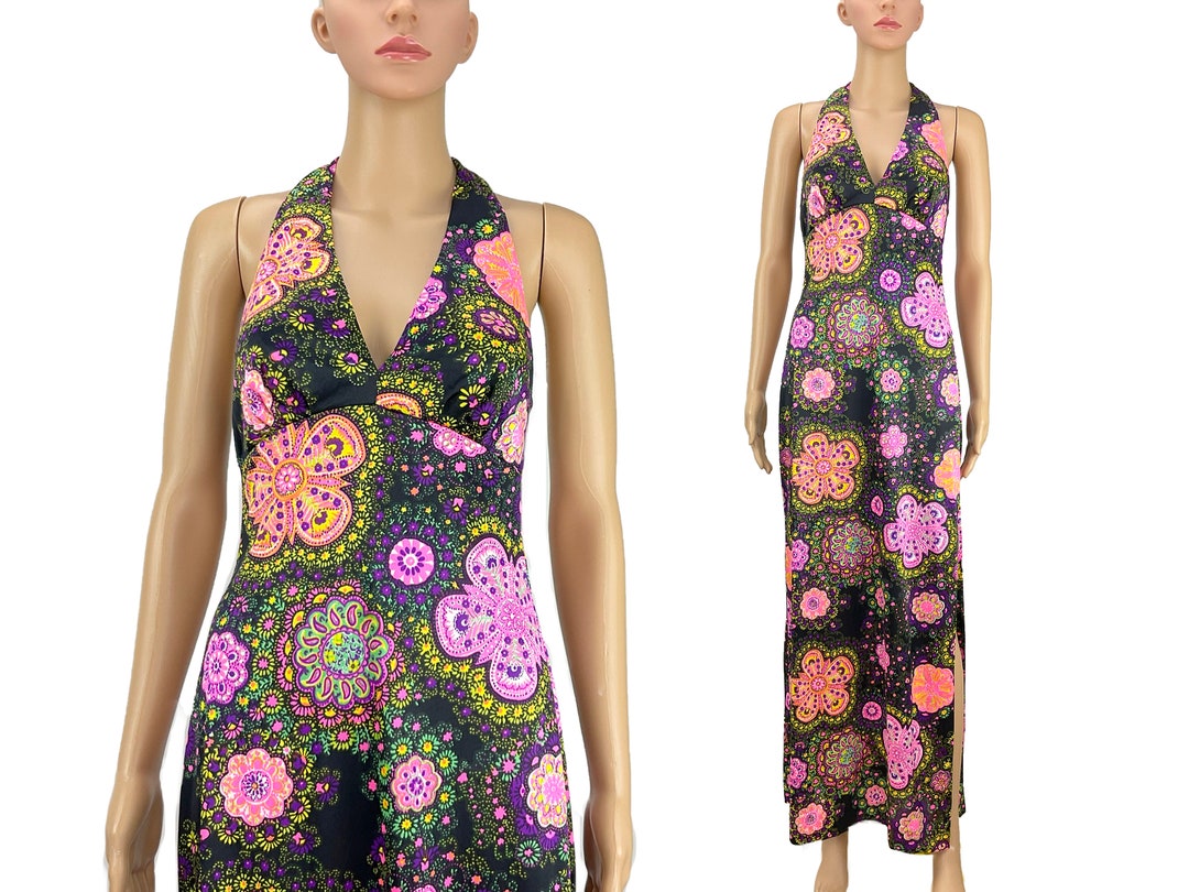 1960s Tropical Print Halter Dress | XS/S