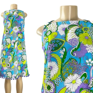 Vintage 60er Jahre Shift Kleid Floral Flower Power Pom Pom Borte handgenäht McCalls 9297 Ärmellos A-Linie Knielänge Gr. M S