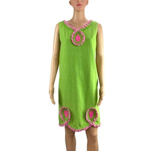 Dress Shift Eddy George Linen Lime Green Pink Wool Trim Fringe Vintage 1960s 1970s A-line Sleeveless Knee Length Mod Mini Size S