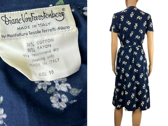 Wrap Dress DVF Diane Von Furstenberg Vintage 1970s Made in Italy Knee  Length Short Sleeves Knit Floral Navy Blue Cream Cotton Blend Size S M -  Etsy