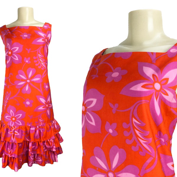 Vintage 1970s Day Dress Malia Honolulu Hawaii | Size M | Sleeveless Shift Ruffle Hem Orange Pink Floral Cotton Sateen Aloha Tiki Luau
