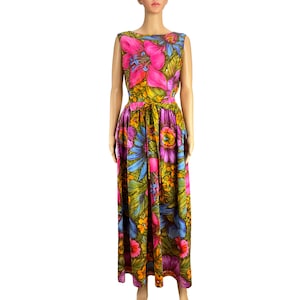 Vintage 60s Ro-vel Maxi Wrap Dress Hostess Gown: Bold Floral Cotton Sateen Size S M
