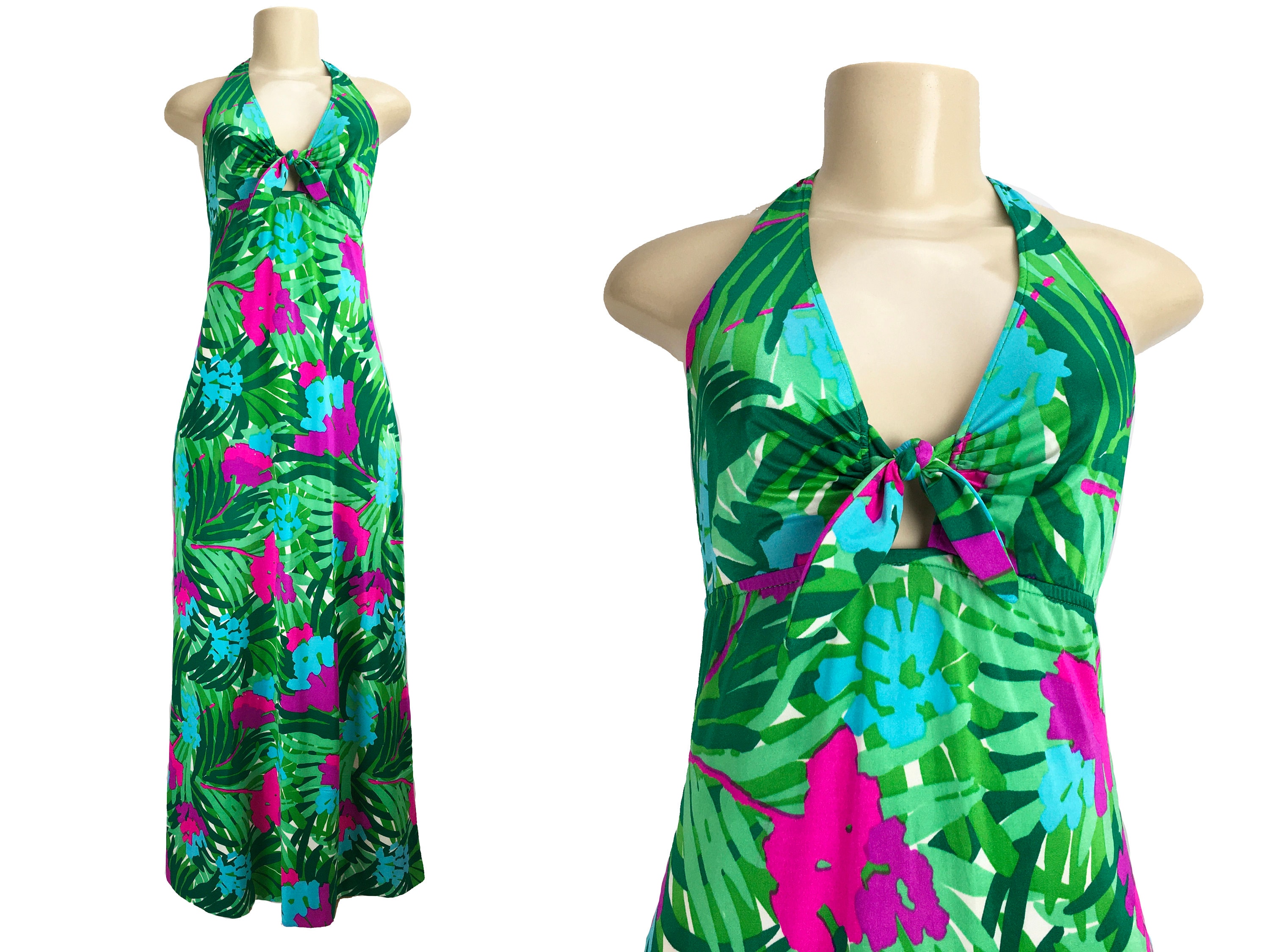 Maxi Dress Halter Floral Gown Elisabeth Stewart Vintage 1970s Jersey Knit  Tropical Fern Print Teal Beach Swim Size M - Etsy