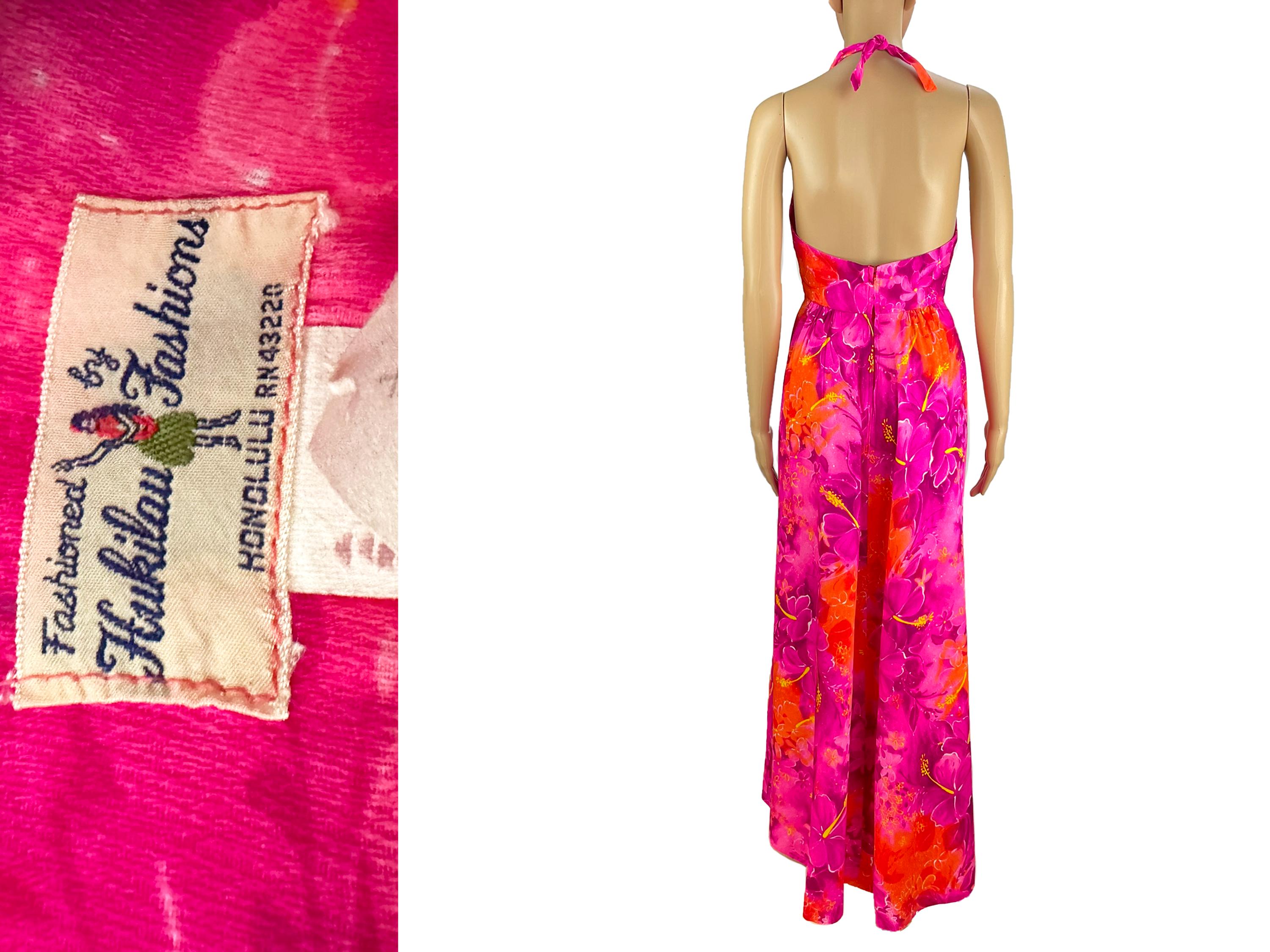 Maxi Halter Dress Hukilau Hawaii Vintage 1970s Pink Orange Floral Bark ...