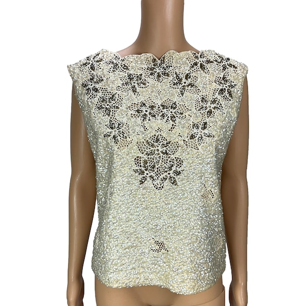 Sequin Knit Top Shell Sleeveless Wool Imperial Imports Hong Kong Vintage 1950s 1960s AB Gold Bead Cream Open Embroidery Work Size L Back Zip