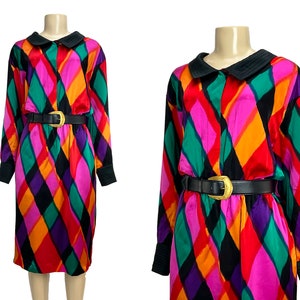 Dress Louis Féraud Vintage 1980s Silk Charmeuse Satin Harlequin Print Quilted Collar Cuffs Midi Length Size L