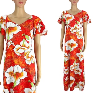 May include: A long, red maxi dress with a white floral print. The dress has a V-neckline and short, ruffled sleeves.