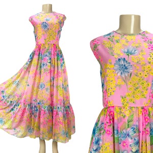 sachin and babi light blue dress Maxi Dress Tina Leser Original Floral Gown Vintage 1960s Silk Chiffon  Sleeveless Ruffle Hem Pastel Pink Size S M Garden Party