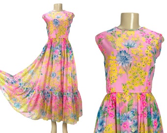 Maxikleid Tina Leser Original Blumenkleid Vintage 1960er Jahre Seide Chiffon Ärmellose Rüschensalbe Pastell Rosa Größe S M Garten party