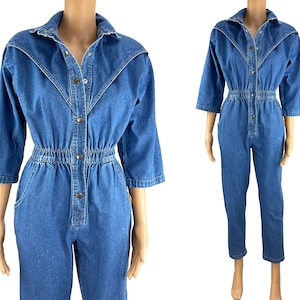 Vintage Jumpsuit Denim Dreams 1980s Logo Snap Button Front Elastic Waist Tapered Legs Cotton Pockets Flight Suit Size S M