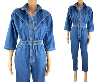 Vintage Jumpsuit Denim Dreams 1980s Logo Snap Button Front Elastic Waist Tapered Legs Cotton Pockets Flight Suit Size S M