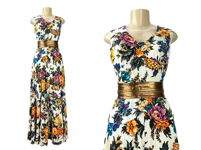 Two Piece Maxi Dress Set Blouse Skirt Autumn Floral Vintage 1970s ILGWU Tank Top Back Zip Accordion shops Pleat Long Skirt Size M