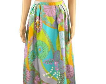 Maxi Skirt Alex Colman California Kimono Inspired Floral Screen Print Pastel Pleats Textured Cotton A-line Size S Color Block