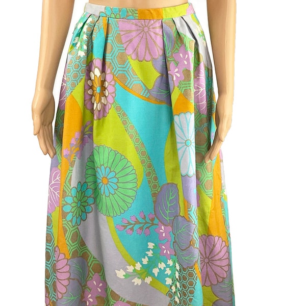 Maxi Skirt Alex Colman California Kimono Inspired Floral Screen Print Pastel Pleats Textured Cotton A-line Size S Color Block