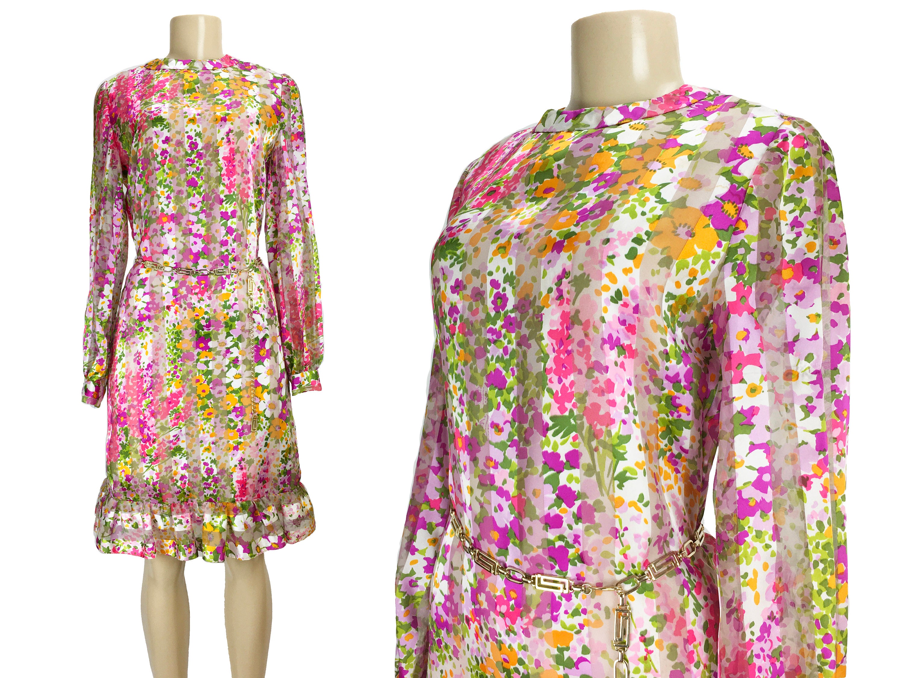 Vintage Dress Tina Leser Originals 1960S Shift A-Line Size S M Organza Silk Satin Floral Ruffle Mod Knee Length Long Semi Sheer Sleeves