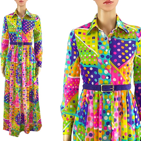 Maxi Dress Rainbow Polka Dot Color Block Print Hostess Gown Collared Shirtwaist Semi Sheer Crepe Anne Fogarty Vintage 1960s 1970s Size S XS