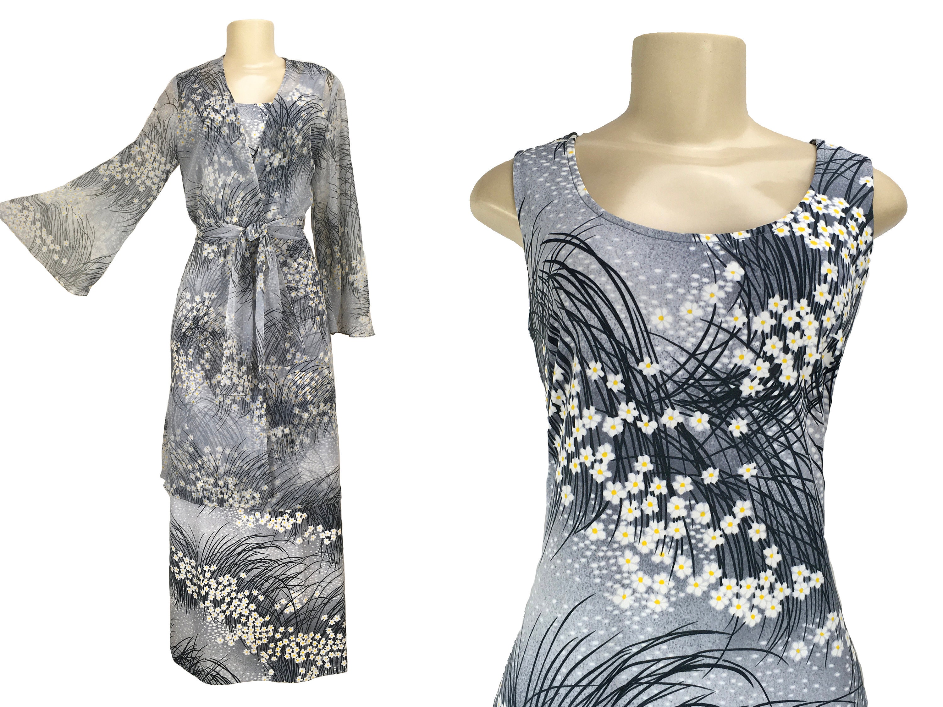 Maxi Kleid Jacke Chiffon Wickeljacke Set Vintage 1970er Hostess Gown Edith Flagg California Daisy Print Glöckchen Statement Ärmel Gr. M