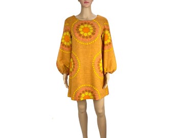 Mod Mini Dress Screen Print Wool Flower Power The Troll House Randi Grinde Hudson Art to Wear Rare Vintage 1960s 1970s Boho Hippie Size S