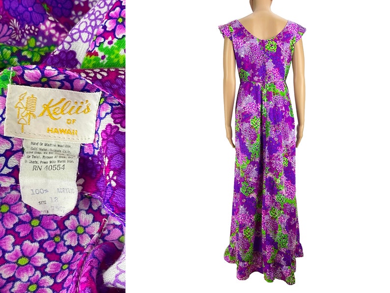 May include: A purple and green floral maxi dress with a scoop neck and cap sleeves. The dress has a label that reads "Kell's of Hawaii" and "RN 40554".