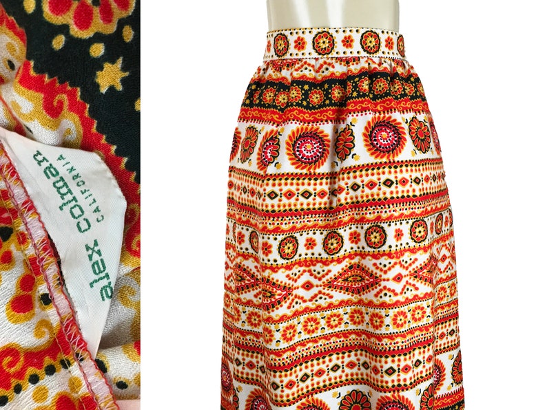 Size M L Vintage 1970s Maxi Skirt Alex Colman Side Buttons Floral Acrylic Bark Cloth Red Black Cream Gold