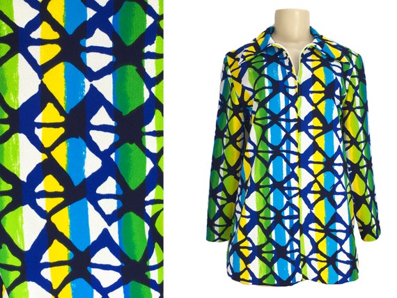 Vintage 1970s Tunic Blouse Top Size L Mod Graphic
