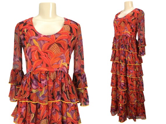 red chiffon ruffle layer maxi dress