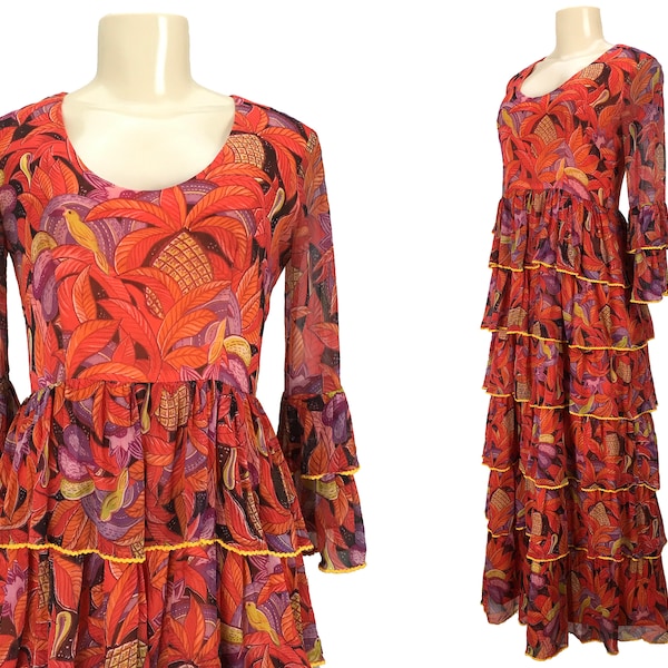 Vintage Maxi Dress Chiffon Ruffle Tiered Flounce Sleeves | Size XS S | Vintage 1970s Red Orange RicRac Trim Bird Leaves Print
